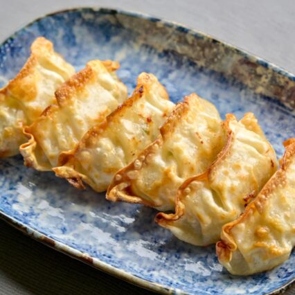 Golden Air Fried Gyoza on Blue Ceramic Oval Plate